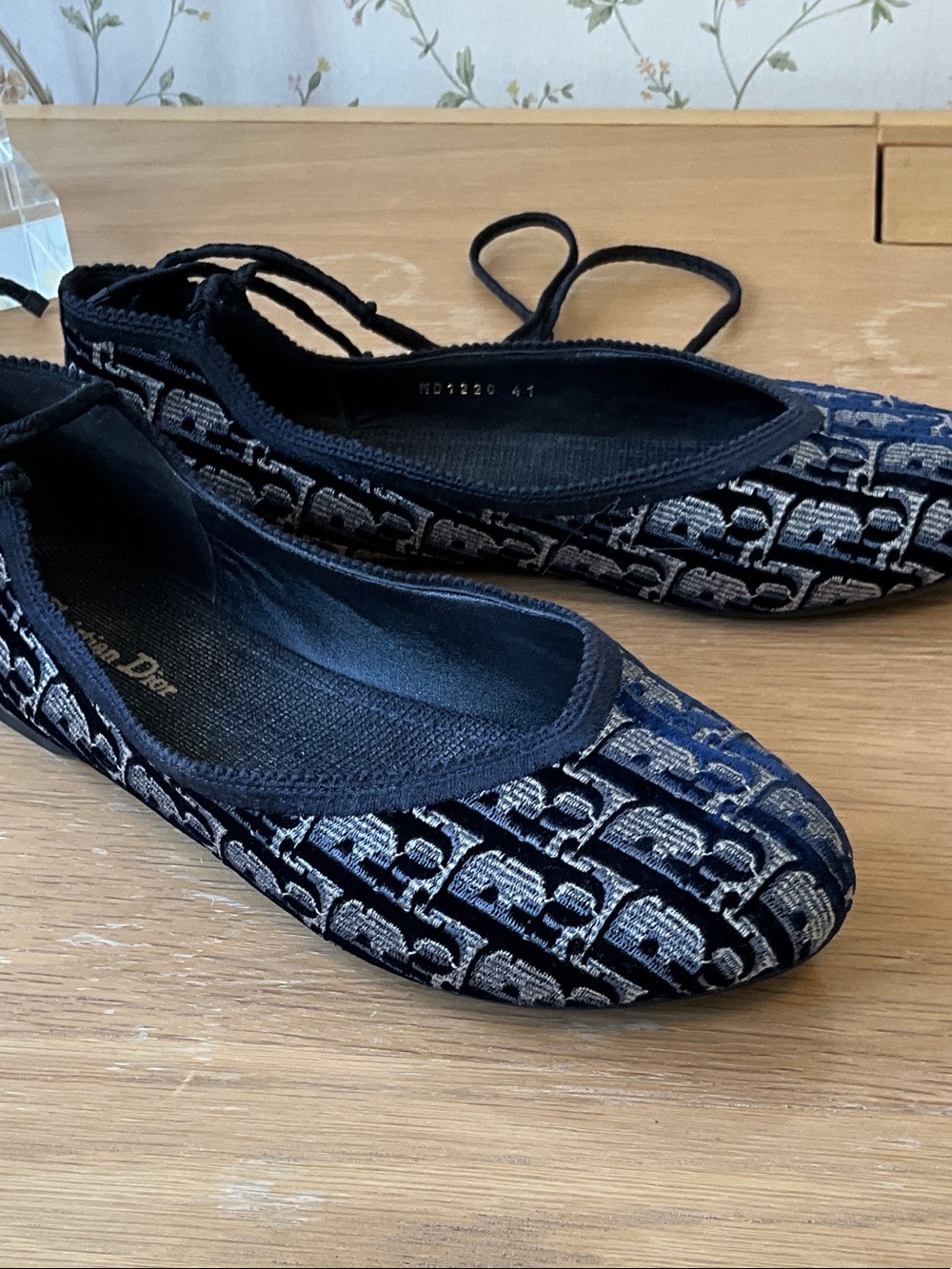 Dior Navy and Silver Monogram Tie Ballet Flats - Picture 2 of 5